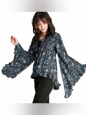 Raga for Anthropologie Eloise Blouse Floral Print Bell Sleeves Size S NWT